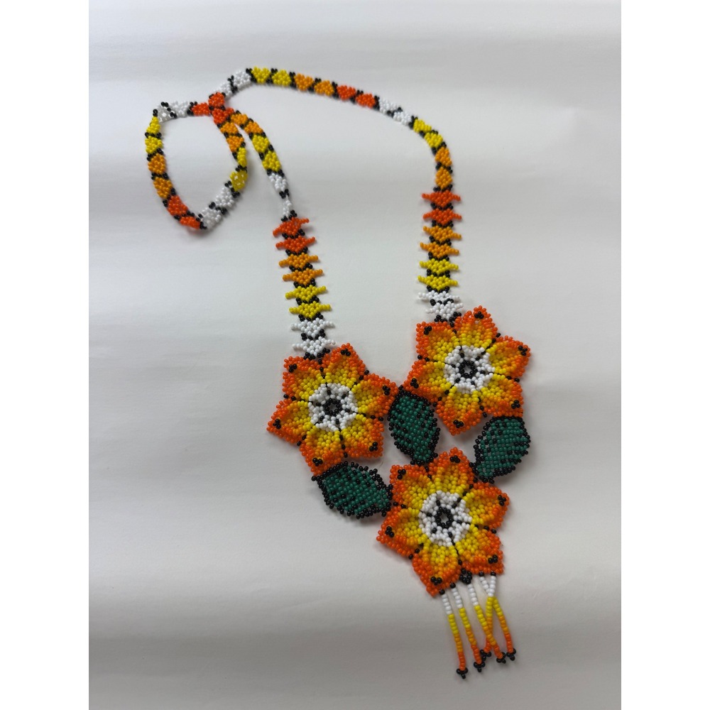 Handmade Artisanal Statement Beaded Necklace Floral Colorful Long